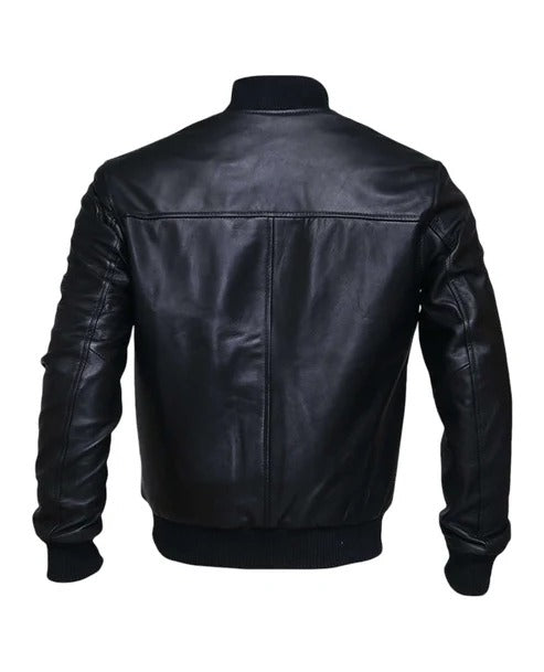 Men’s Classic Black Lambskin Leather Bomber Jacket - Sleek & Timeless