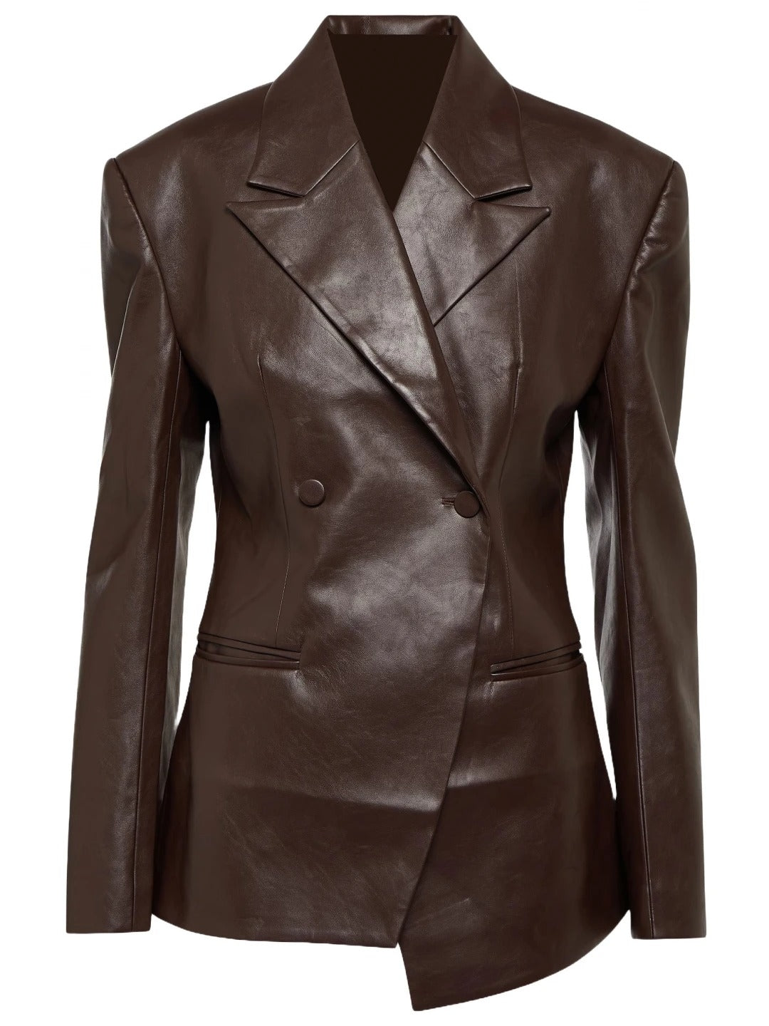 Asymmetric Hem Dark Brown Leather Blazer Bold, Contemporary Elegance