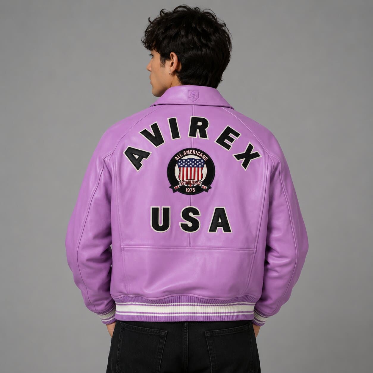 Avirex Men’s Purple Leather Varsity Bomber Jacket USA Patch