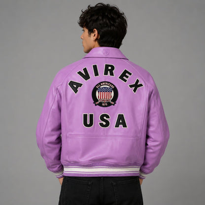 Avirex Men’s Purple Leather Varsity Bomber Jacket USA Patch