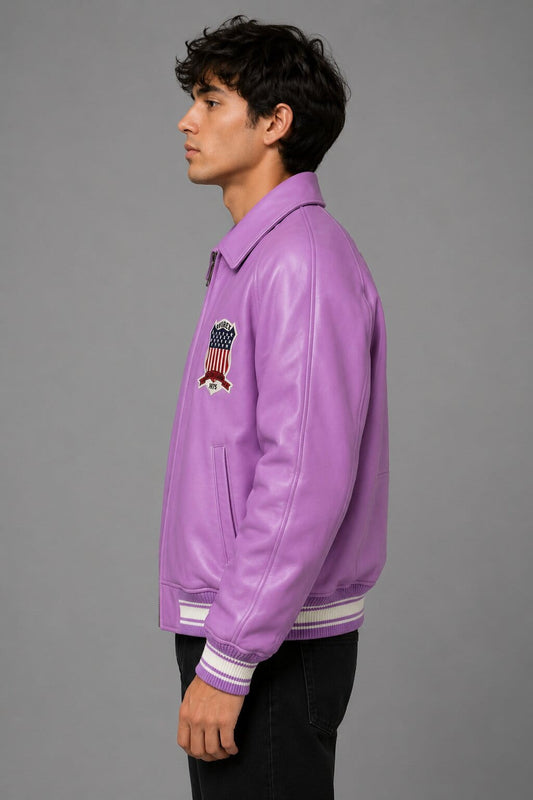 Avirex Men’s Purple Leather Varsity Bomber Jacket USA Patch