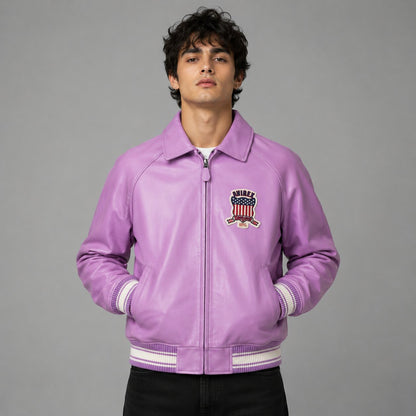 Avirex Men’s Purple Leather Varsity Bomber Jacket USA Patch