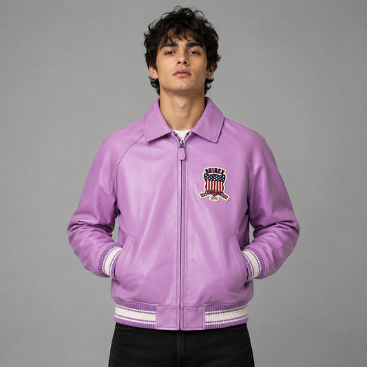 Avirex Men’s Purple Leather Varsity Bomber Jacket USA Patch