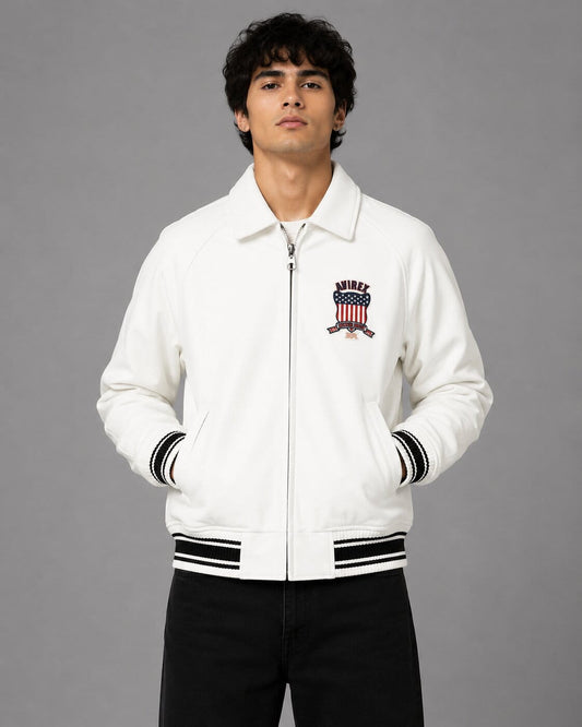 Avirex USA White Varsity Bomber Jacket with Embroidered Crest