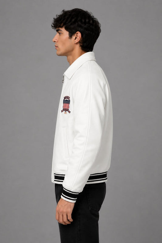Avirex USA White Varsity Bomber Jacket with Embroidered Crest