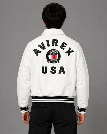 Avirex USA White Varsity Bomber Jacket with Embroidered Crest
