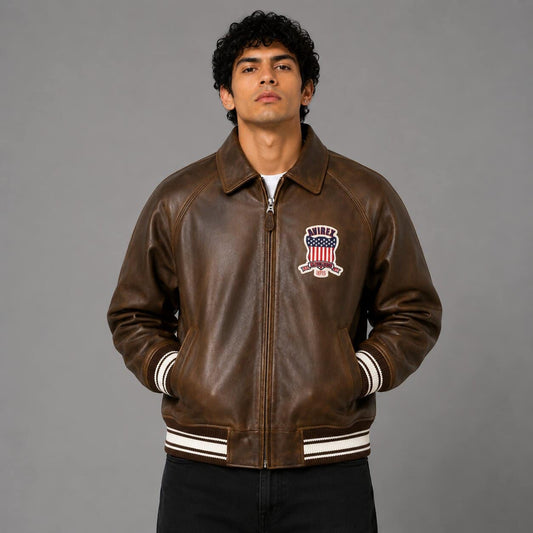 Avirex Vintage Brown Leather Letterman Jacket Limited Edition