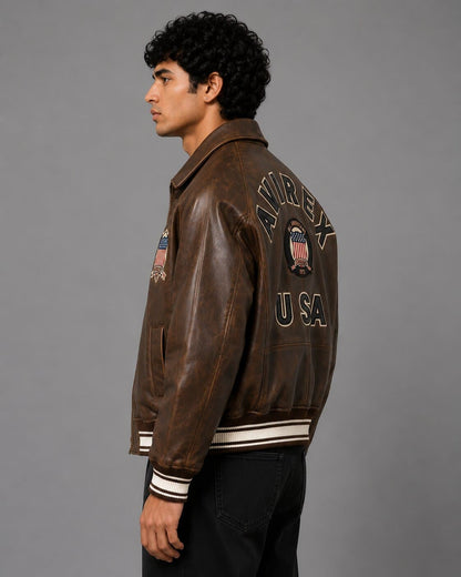 Avirex Vintage Brown Leather Letterman Jacket Limited Edition