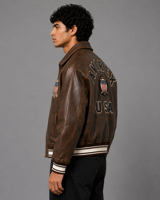 Avirex Vintage Brown Leather Letterman Jacket Limited Edition
