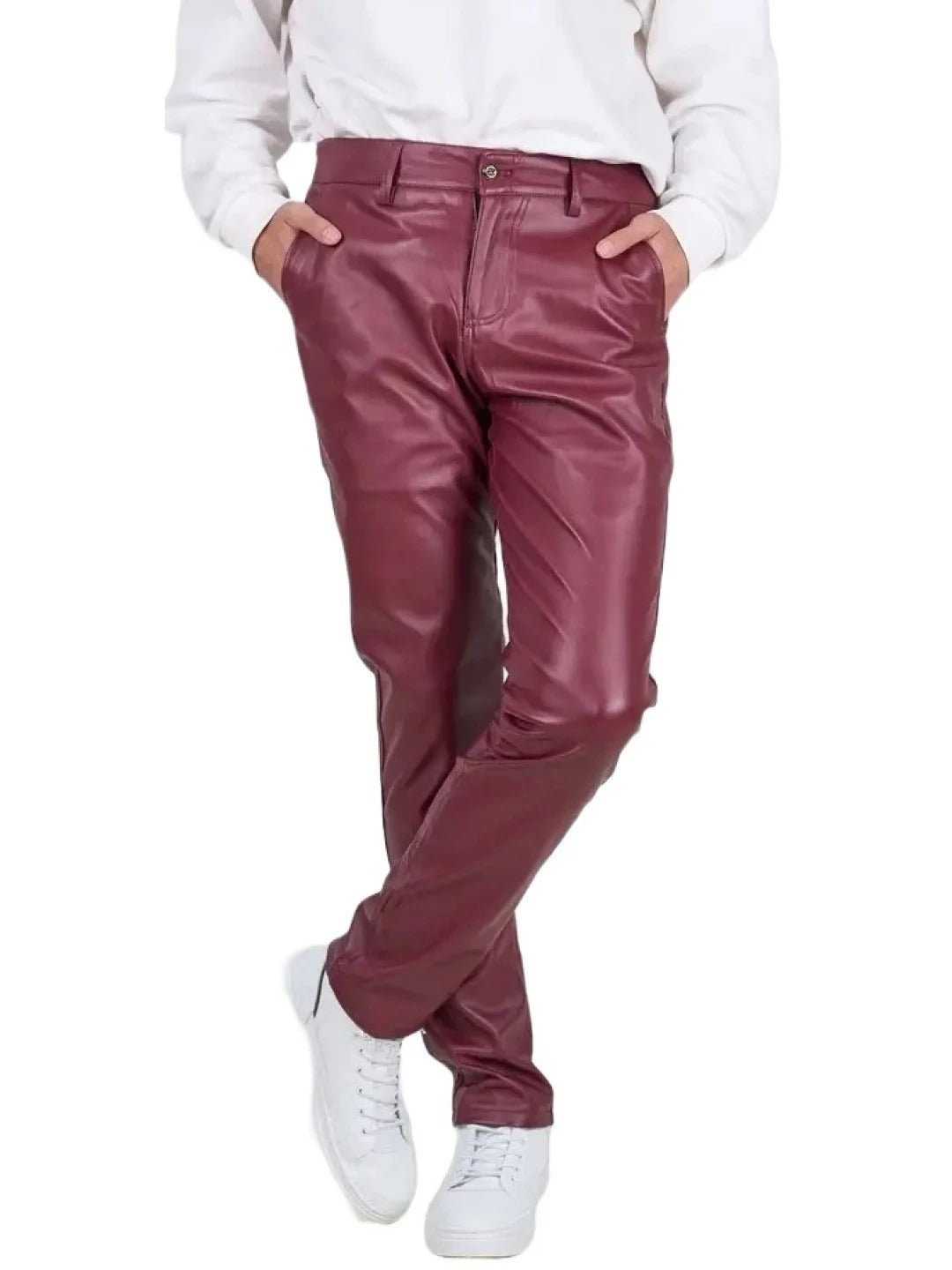 Back Side Flap Pockets Burgundy Leather Trousers for Men by Avanzar Leather