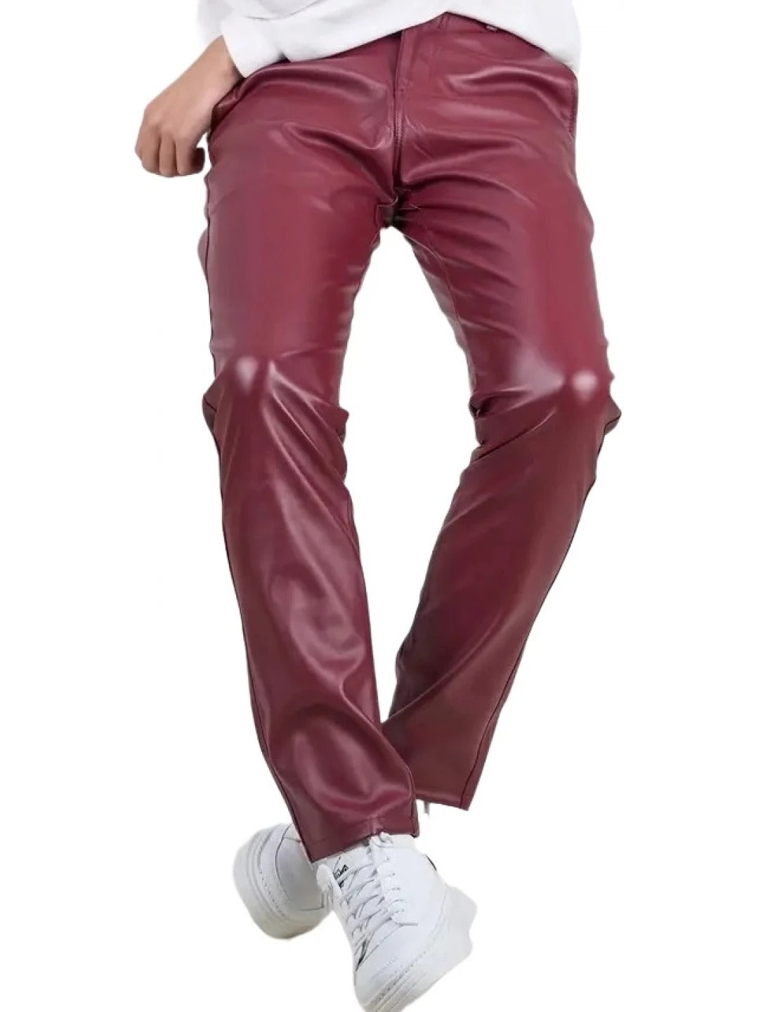 Back Side Flap Pockets Burgundy Leather Trousers for Men by Avanzar Leather