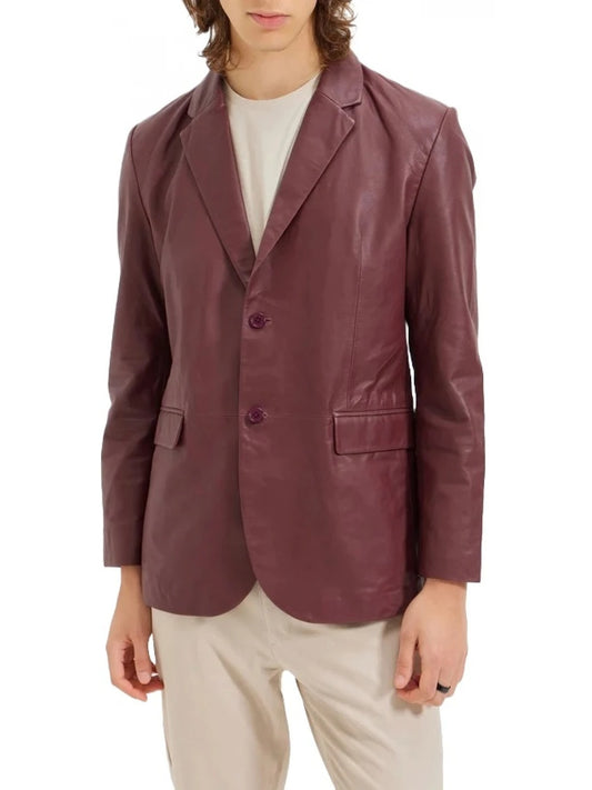 Men's Back Single Slit Burgundy Leather Blazer Sleek & Modern Outerwear