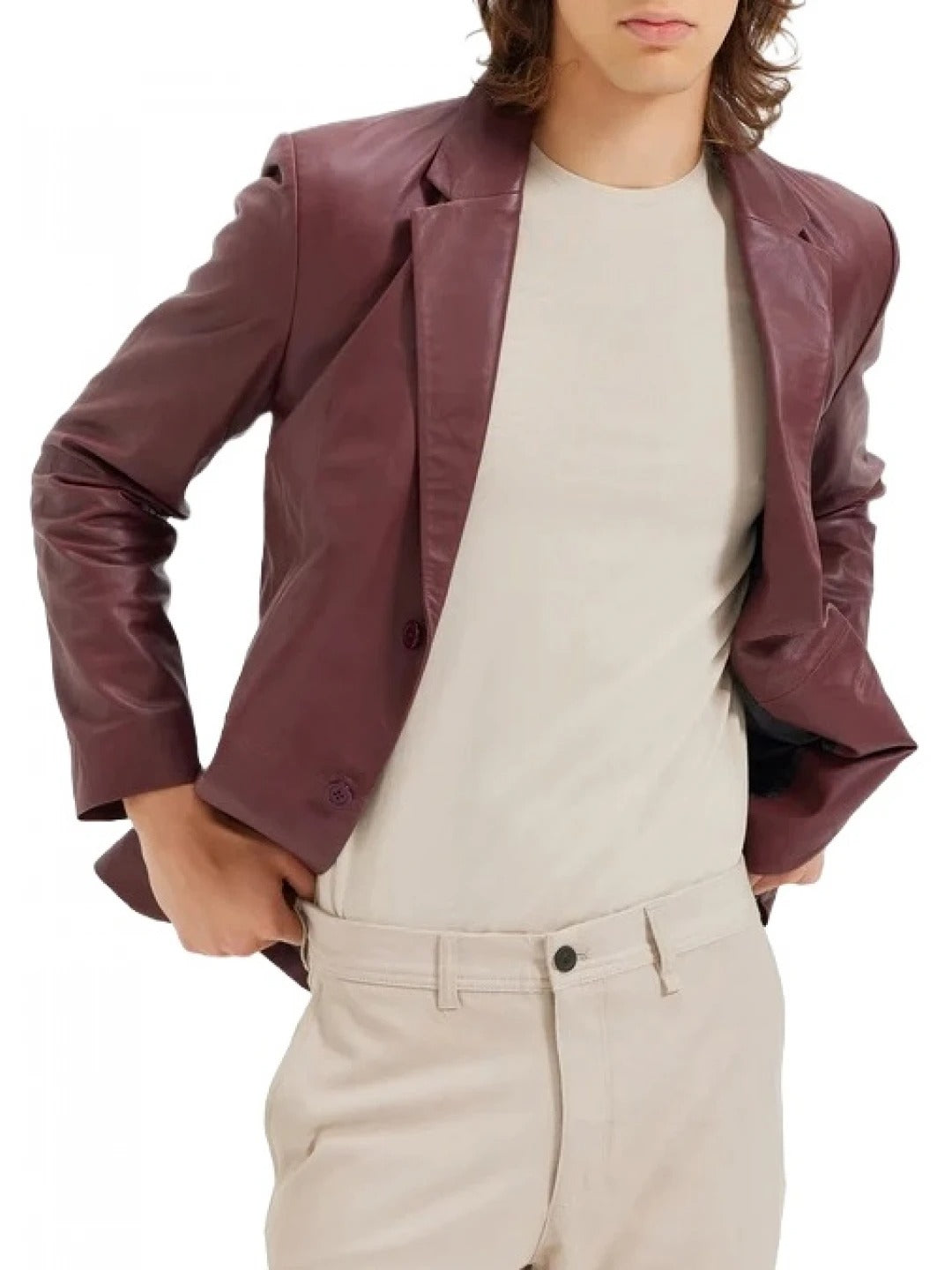 Men's Back Single Slit Burgundy Leather Blazer Sleek & Modern Outerwear