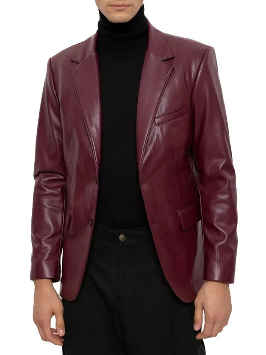 Men's Back Two Slits Burgundy Leather Blazer Stylish & Contemporary Outerwear