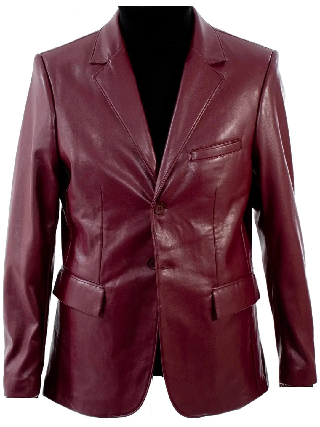 Men's Back Two Slits Burgundy Leather Blazer Stylish & Contemporary Outerwear