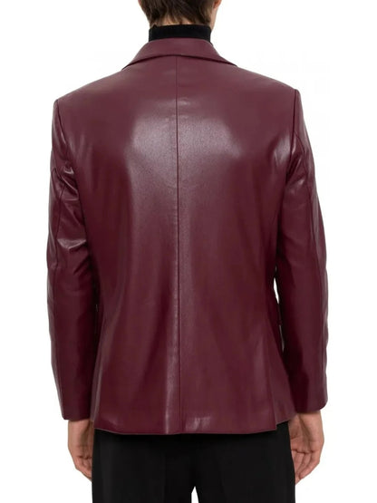 Men's Back Two Slits Burgundy Leather Blazer Stylish & Contemporary Outerwear