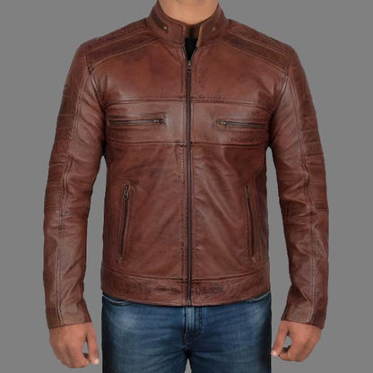 Premium Avanzar Men’s Cognac Brown Distressed Motorcycle Leather Jacket