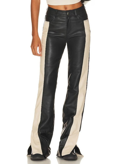 Beige and Black Block Leather Jeans for Women