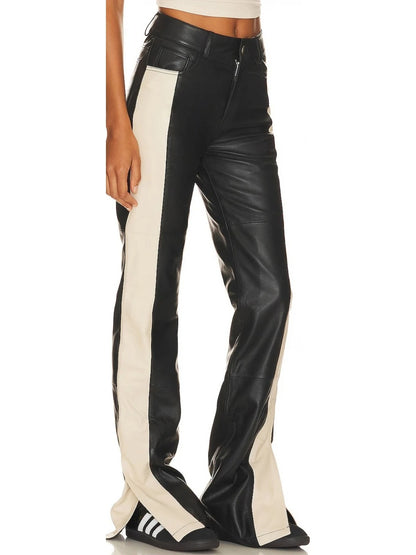 Beige and Black Block Leather Jeans for Women