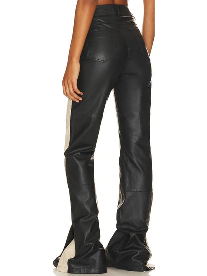 Beige and Black Block Leather Jeans for Women