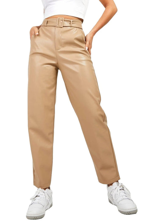 Beige Leather Tapered Trousers with Belt – Sleek & Sophisticated Style