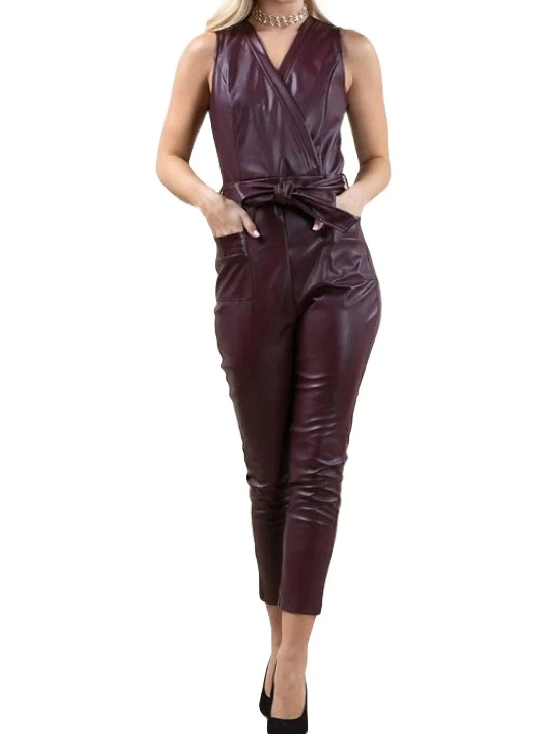 Avanzar Leather Belted Burgundy Leather Jumpsuit