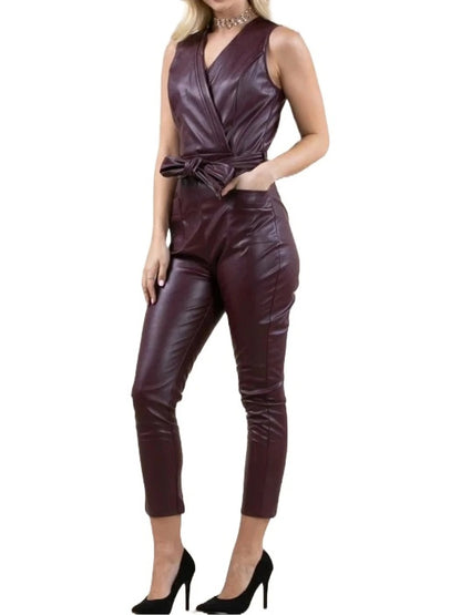 Avanzar Leather Belted Burgundy Leather Jumpsuit