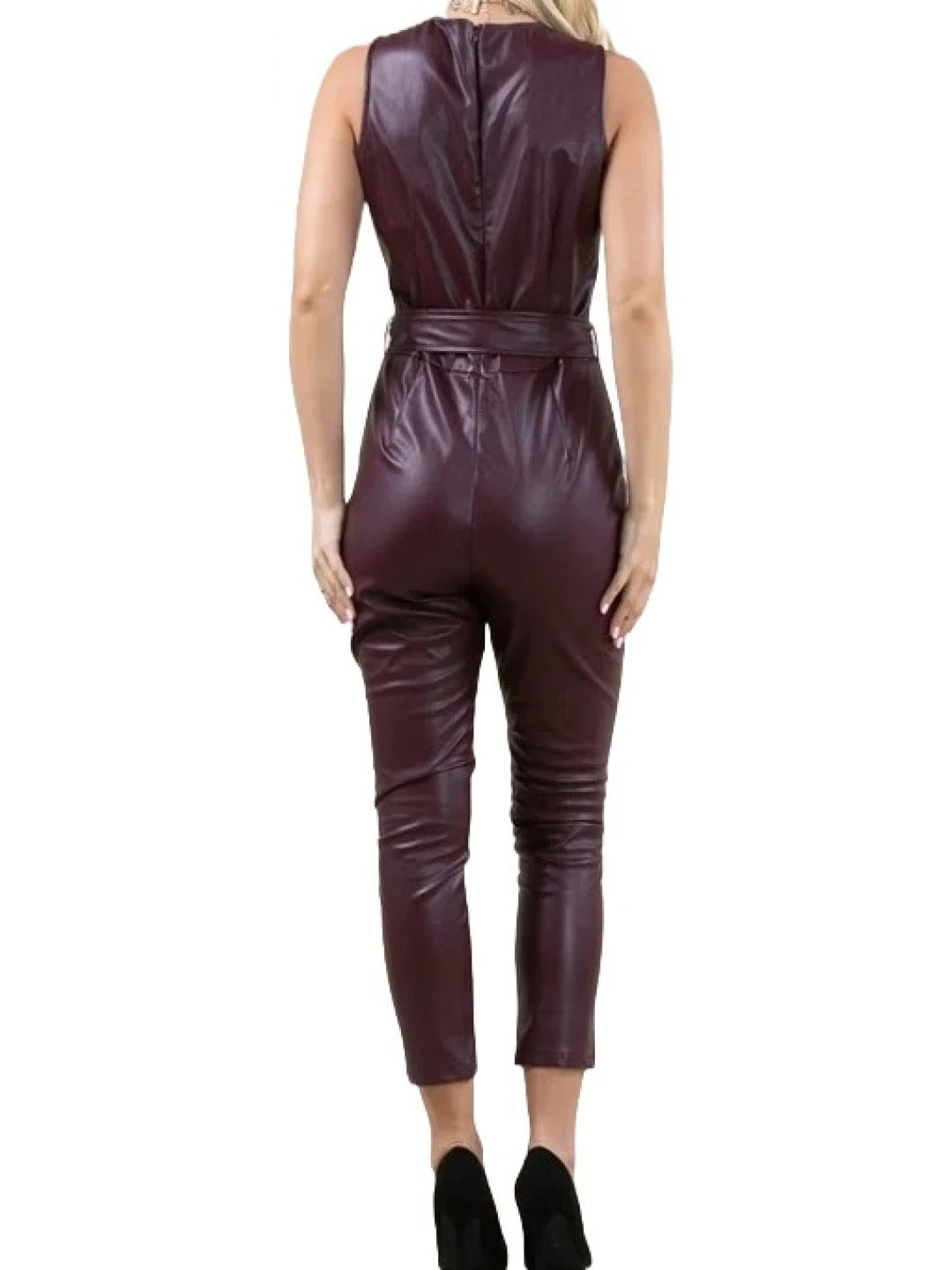 Avanzar Leather Belted Burgundy Leather Jumpsuit