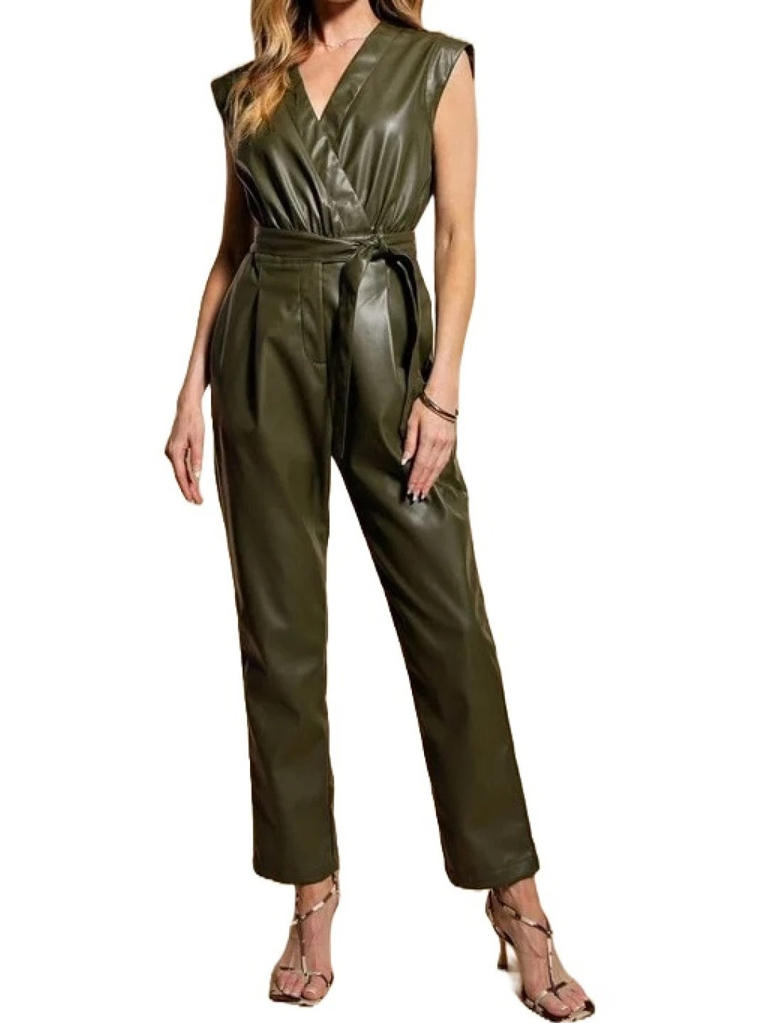 Avanzar Leather Belted Olive Green Leather Jumpsuit