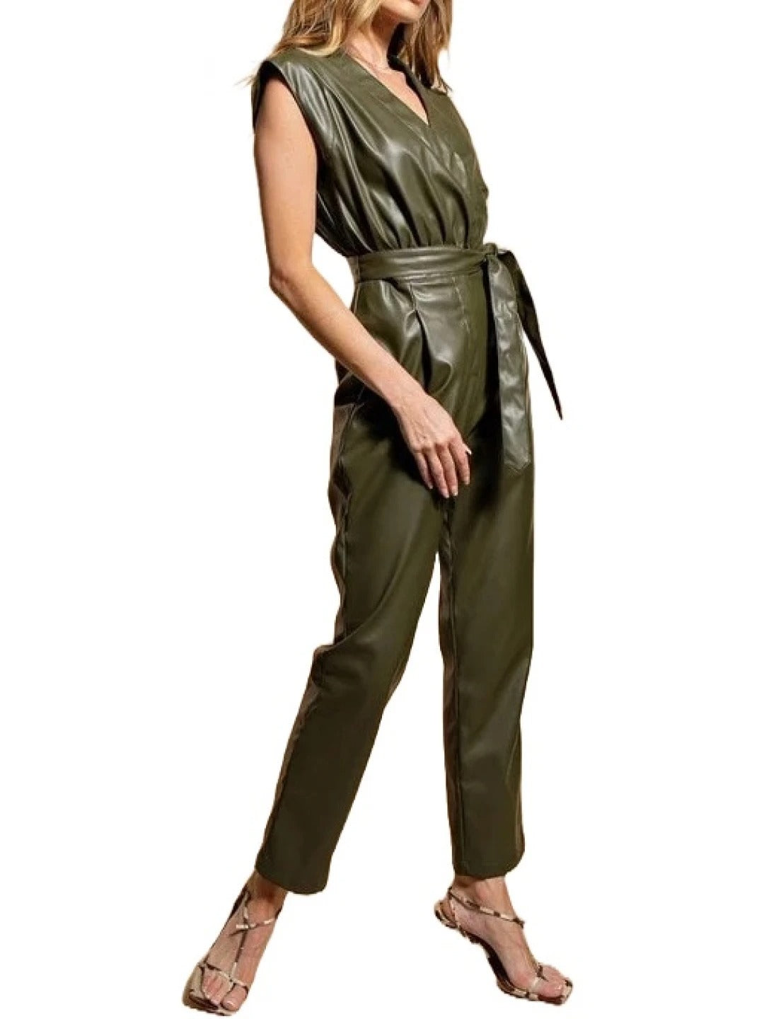 Avanzar Leather Belted Olive Green Leather Jumpsuit