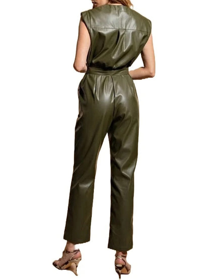 Avanzar Leather Belted Olive Green Leather Jumpsuit