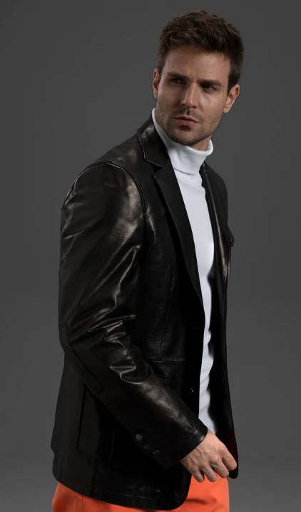 Men's Classic Black Leather Blazer