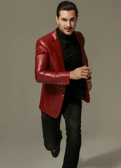 Men's Classic Leather Blazer in Red