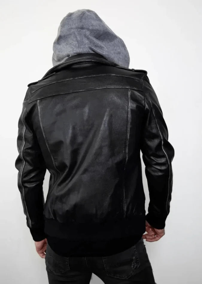 Men's Distressed Bomber Leather Jacket in Black Rugged Sophistication