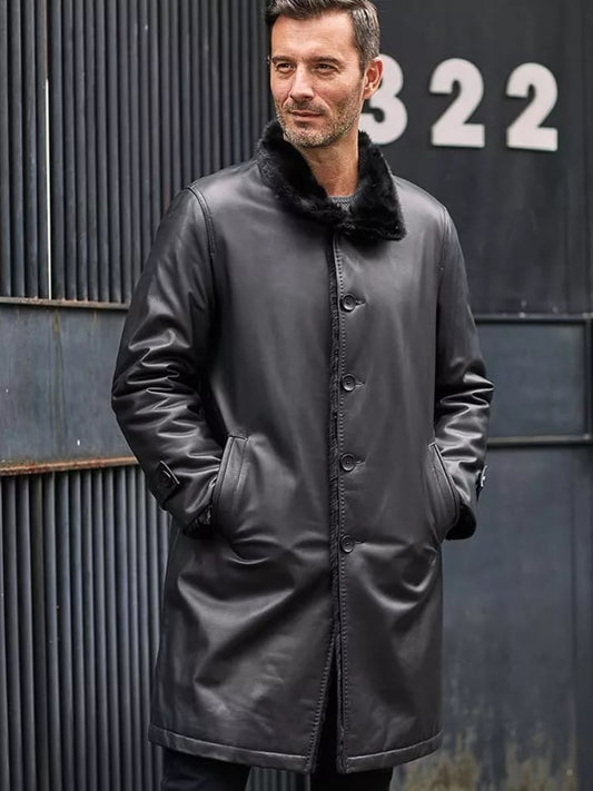 Men's Double-Sided Long Fur Shearling Leather Coat in Black