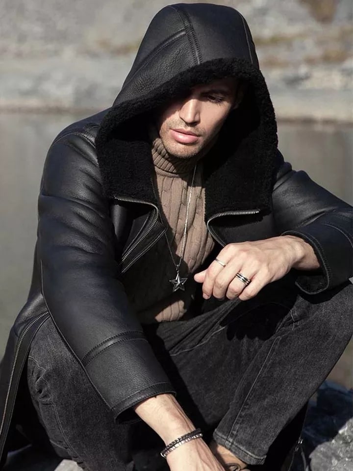 Men's Double-Sided Shearling Leather Coat in Black with Hood