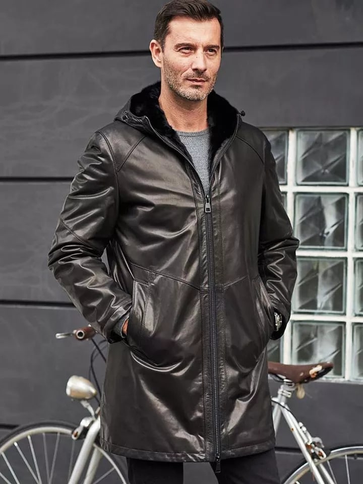 Men's Black Fur Sheepskin Leather Coat with Hood