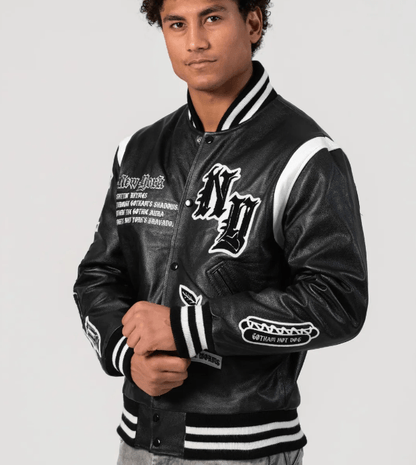 New York Limited Edition Letterman Bomber Leather Jacket in Black