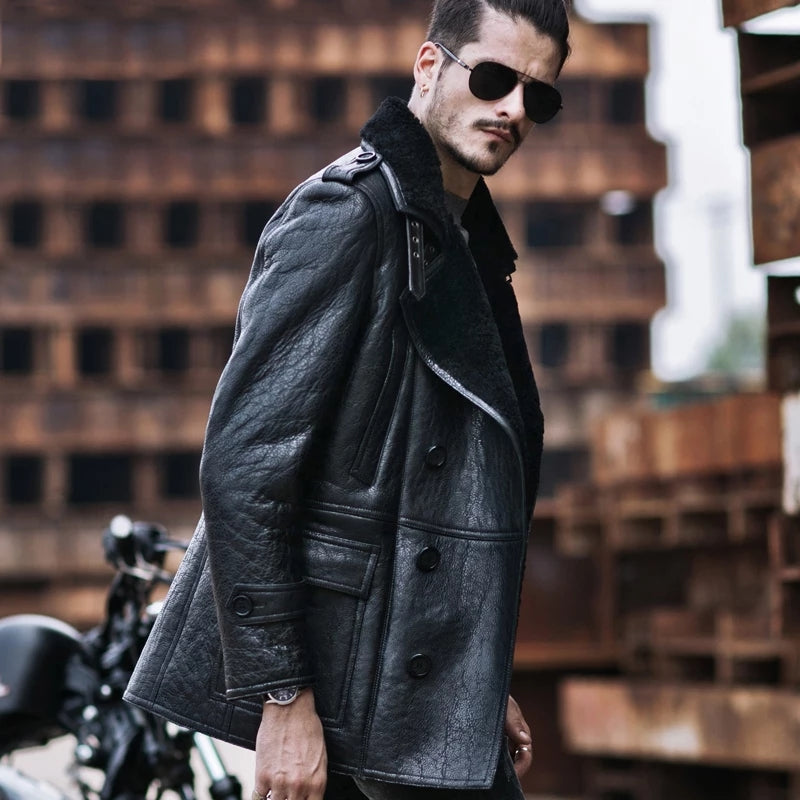 Men's Black Shearling Fur Leather Coat