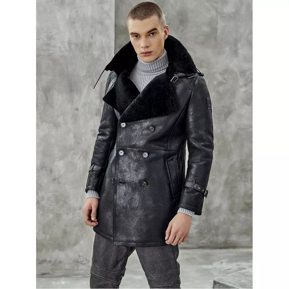 Men's Black Shearling Leather Coat