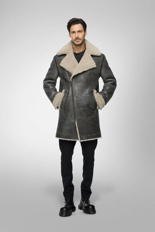 Men's Gray Shearling Leather Coat