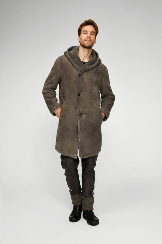 Men's Gray Sheepskin Leather Coat with Hood