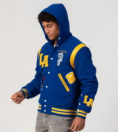 Los Angeles Limited Edition Varsity Bomber Jacket in Blue with Hood