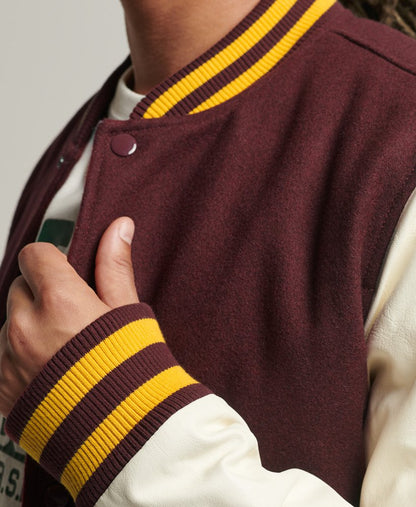 Men's Varsity Leather Jacket in Dark Brown & White Sleeves