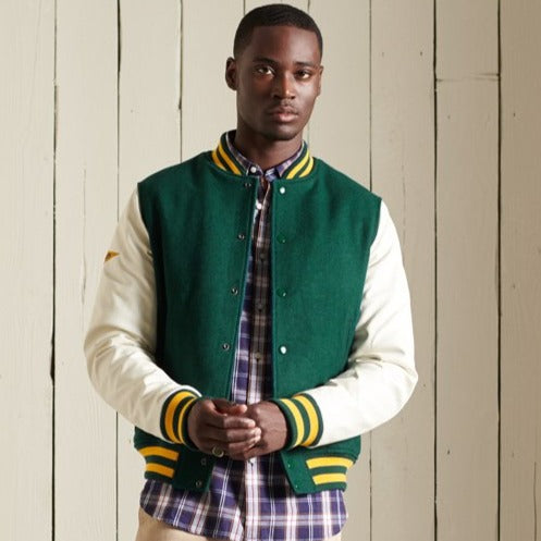 Men's Varsity Letterman Leather Jacket in Green & White Sleeves