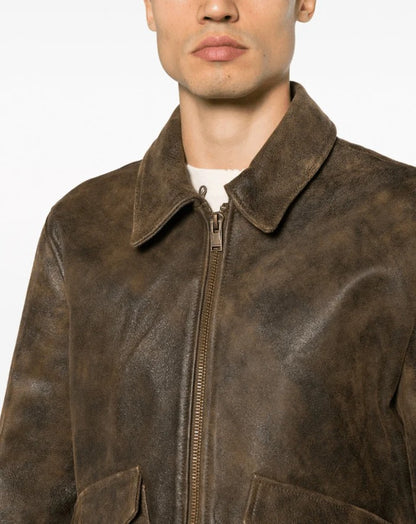 Men's Vintage Shearling Bomber Leather Jacket in Dark Brown Timeless Warmth and Style