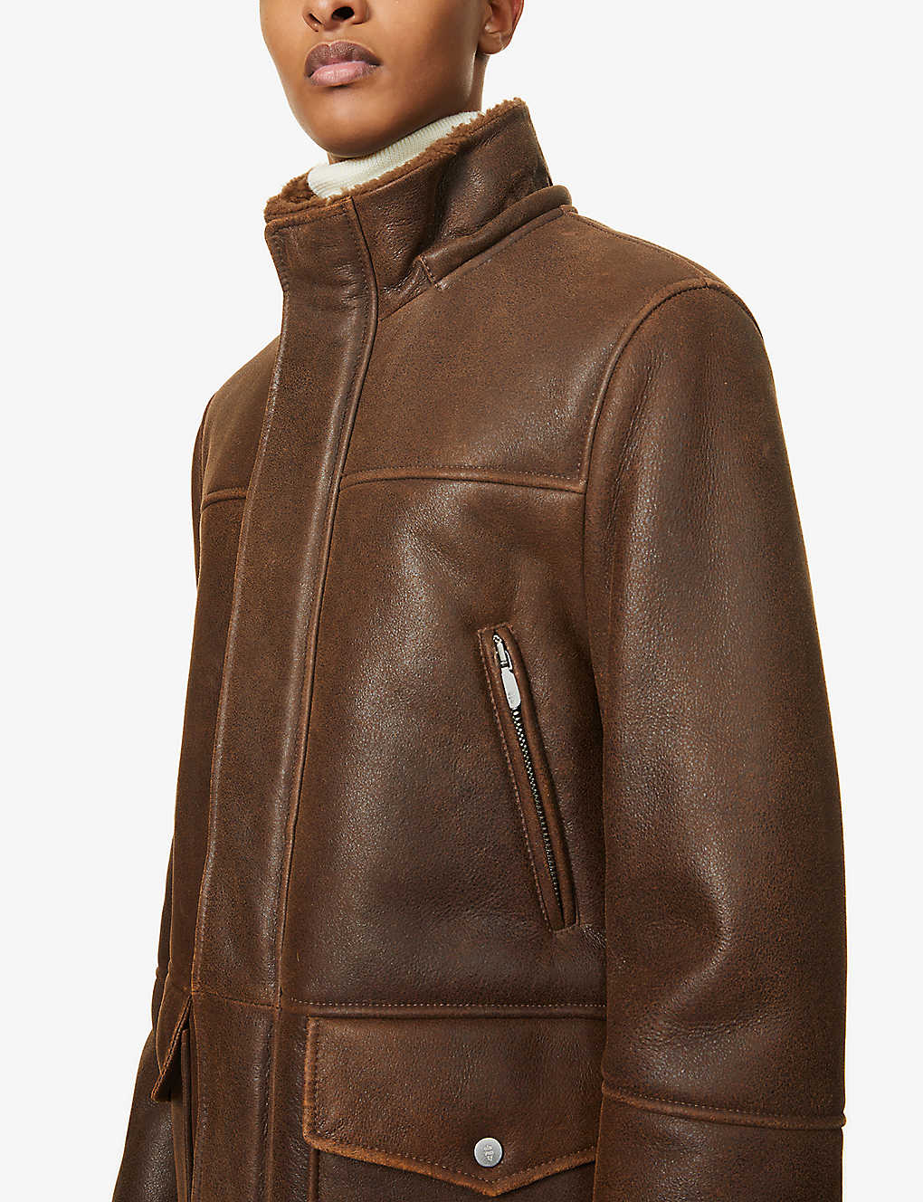 Men's Dark Brown Fur Sheepskin Leather Coat with Removable Hood