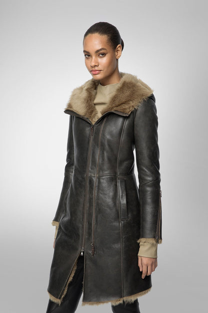 Women's Black Shearling Parka Leather Coat