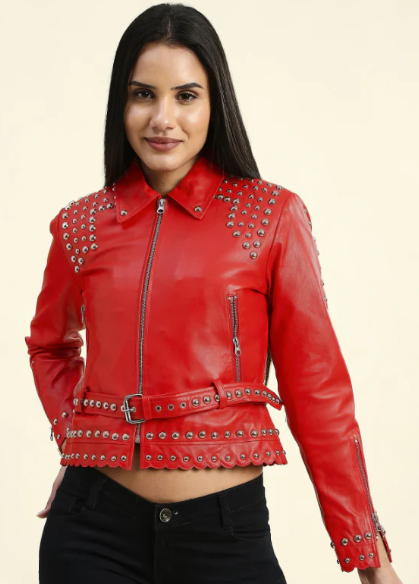 Women's Red Studded Leather Biker Jacket