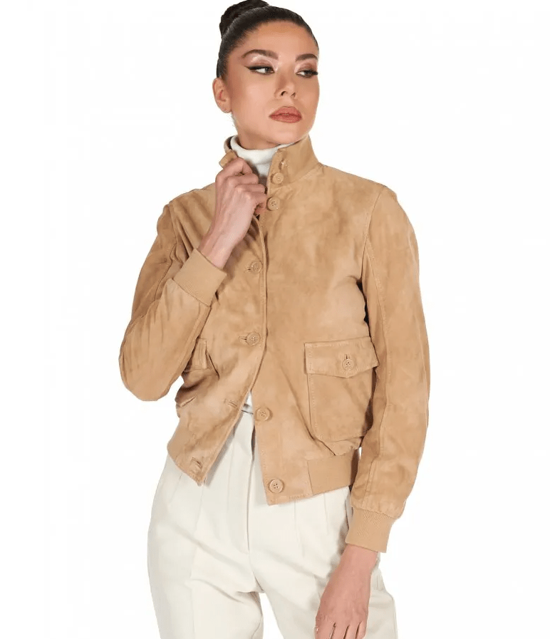 Women's Tan Brown Suede Trucker Bomber Leather Jacket